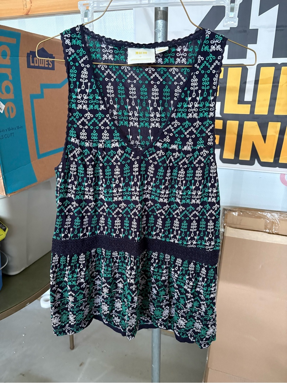 Anthropologie Blue green Sleeveless Embroidered Floral Tank top